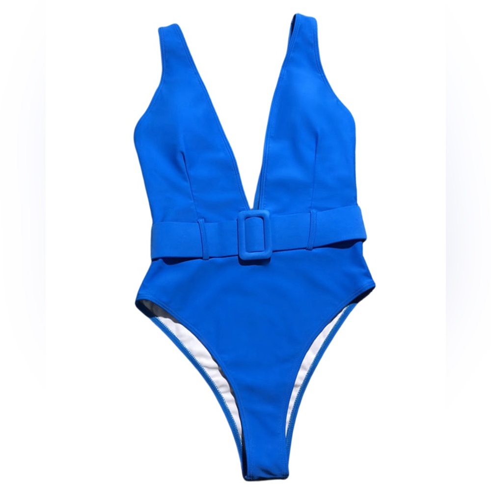Deep V Neck High Cut Belted One Piece Swimsuit.